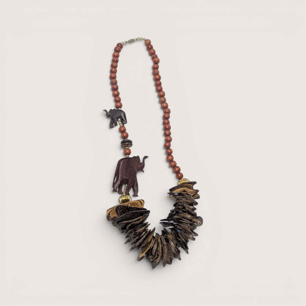 Vintage 1970s Wood Bead Carved Elephant Necklace Coconut Shell Heishi Safari